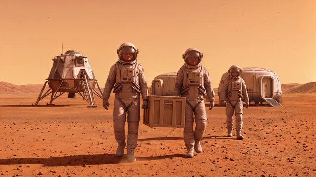 Astronauts carrying cargo crate across desert planet surface. Space exploration mission concept with landing module and habitat base on Mars