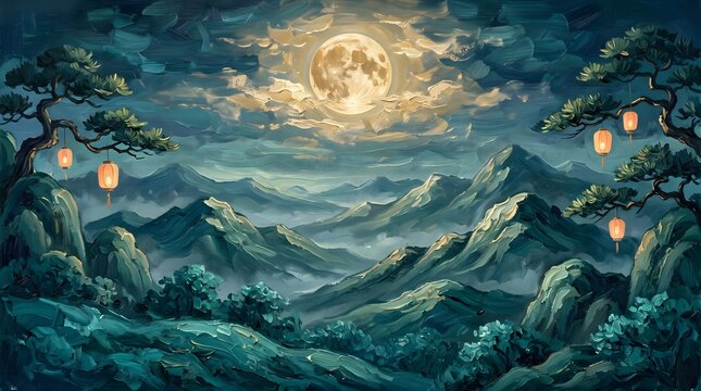 Breathtaking Full Moon Over Misty Mountain Peaks With Traditional Lanterns at Night Oil Painting