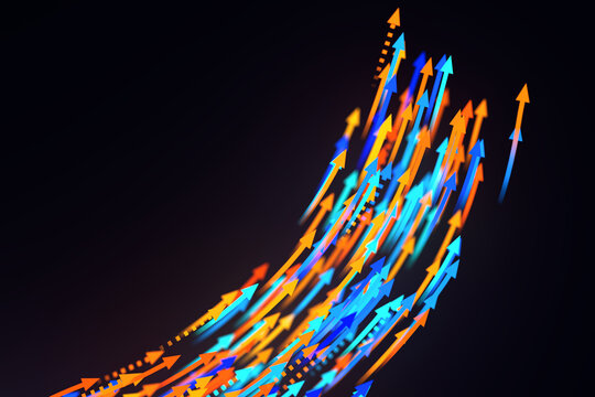 Upwards pointing abstract flowing gradient lines with arrowheads in blue, orange and similar hues on a dark bg, creating an elegant, futuristic design with glowing curves and a sense of motion.