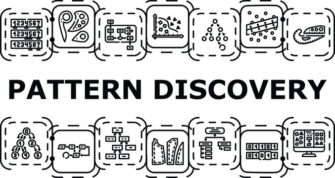 Pattern discovery banner infographic. Structure inference, regularity recognition, variation geometry icon vector illustration
