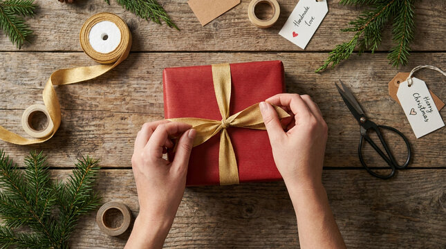 Person carefully tying golden ribbon around a red wrapped package on a textured workbench.