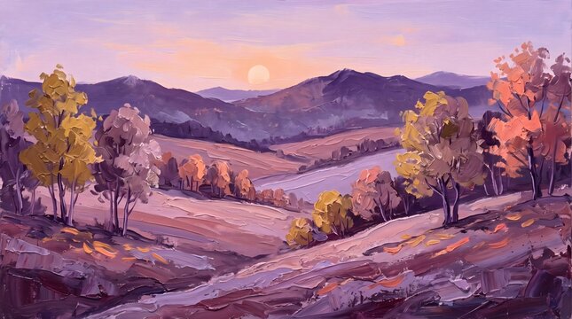 Oil Painting of a Serene Mountain Valley Landscape at Golden Hour Sunset