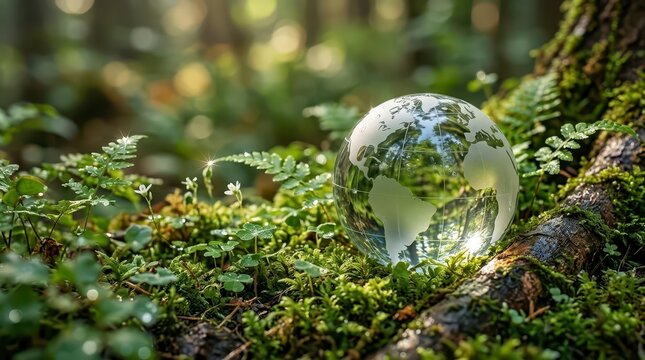 Glass globe in forest moss for environmental conservation