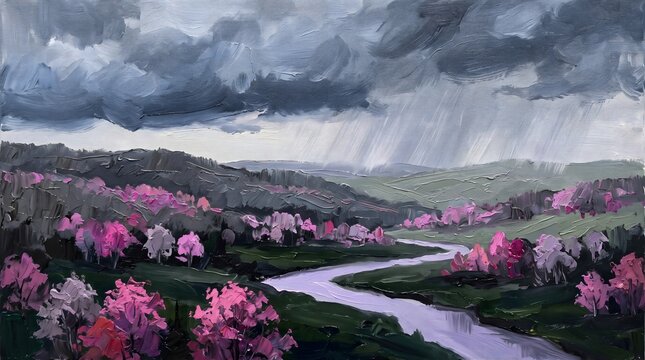 Impressionist Oil Painting of a Serene River Valley Under a Moody Stormy Spring Sky