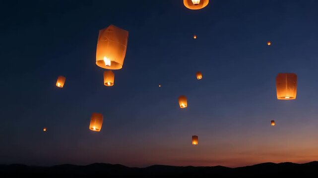 Glowing paper sky lanterns floating up into the twilight sky over dark silhouetted hills, warm orange lights at dusk