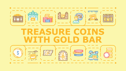 Treasure coins with gold bar banner infographic. Minted pirate, riches hoard, currency ingot icon vector illustration © sevector