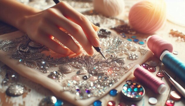 Fashion customization concept with sparkling crystals and artisan craftsmanship.