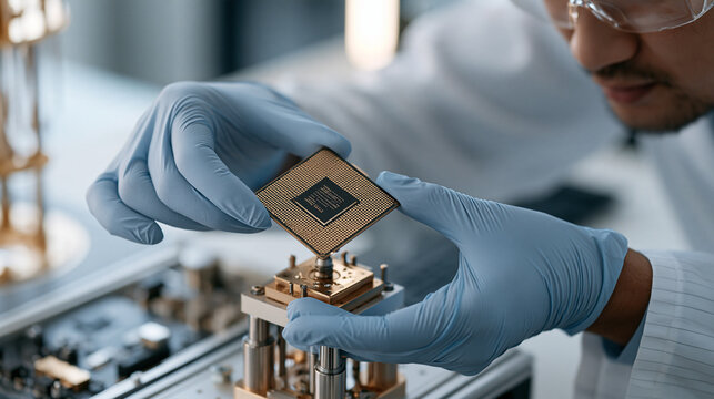 Quantum computer processor being examined by a quantum physicist wearing cleanroom gloves, delicate chip held carefully above a specialized mounting fixture, laboratory bench