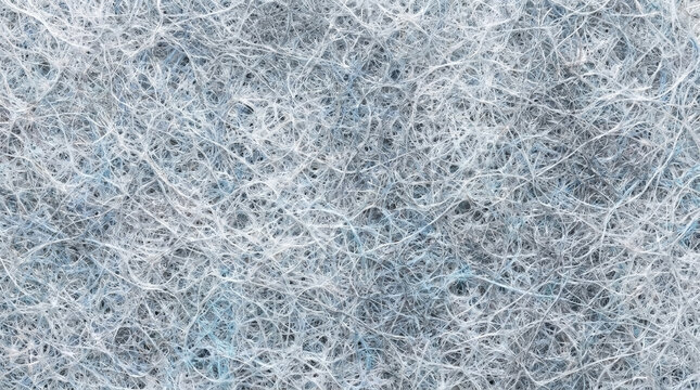 Macro texture of nonwoven air filter fibers. Dense web of synthetic white and blue threads. Close up of porous filtration material