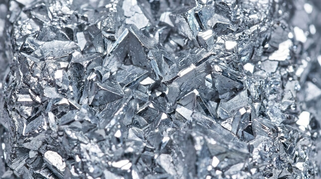 Macro photo of shiny metallic zinc crystal texture. Silver geometric reflective crystalline structure background