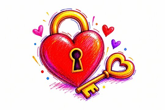 Minimal scribble style Valentine's Day illustration featuring a small heart shaped padlock with a simple key beside it in bright red, pink, yellow, purple, and blue.