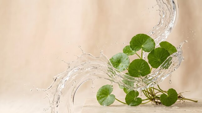 Fresh gotu kola (Centella asiatica) leaves with a dynamic clear water splash on a soft beige background