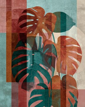Monstera Leaves Digital Illustration With Geometric Layered Shapes And Textured Abstract Botanical Art Composition
