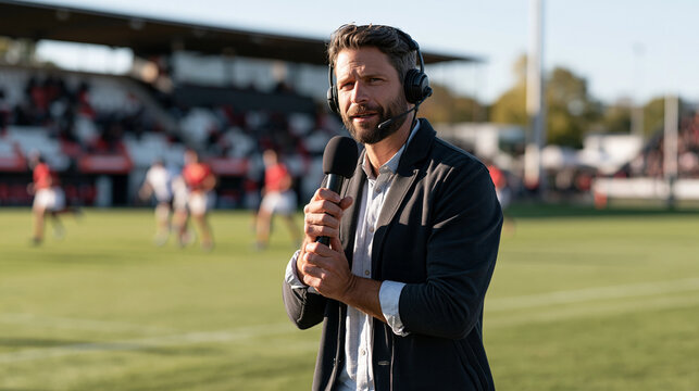 Sports commentator reporting from the sidelines of a rugby match, standing near the field with a handheld microphone and broadcast headset, athletes competing on a green pitch