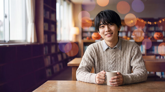 秋の図書室で温かい飲み物を手に微笑む20代男性 | 丸ボケ背景