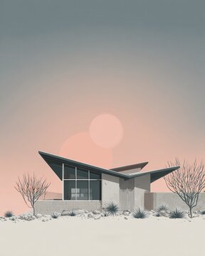 Modern Mid Century House in Desert Landscape at Sunset Minimalist Architectural Digital Illustration With Copy Space
