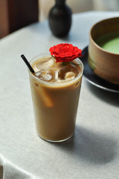 coffee, iced coffee or iced latte coffee with matcha and tiramisu cake