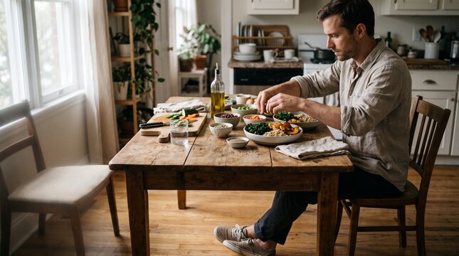 Man preparing healthy meal at wooden dining table in bright kitchen