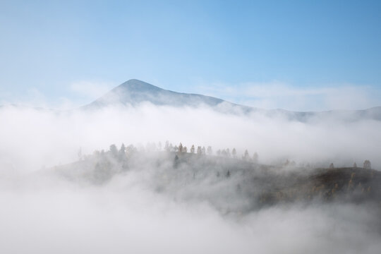 A mountain peak emerges above layers of thick white fog beneath a pale blue sky. Misty ridges and soft morning light create a serene atmospheric landscape