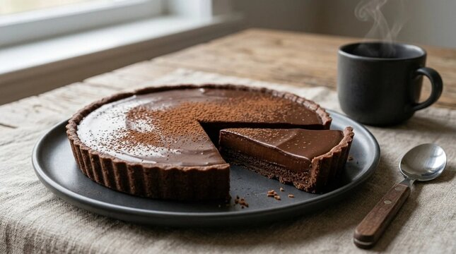 Rich chocolate cake with a moist texture on a rustic wooden table