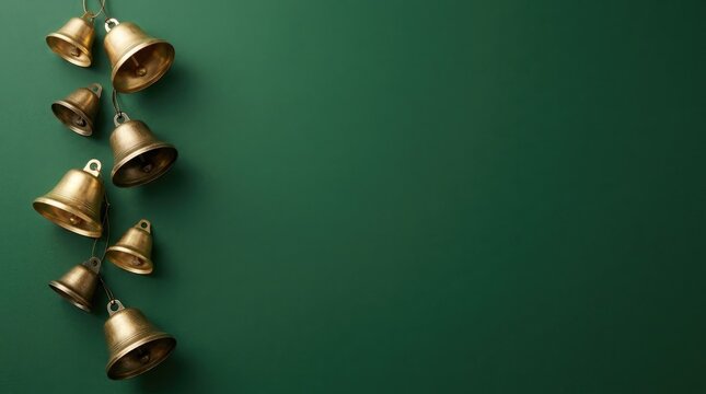 Golden bells hanging on green wall