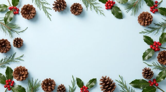 Holiday pine cones and berries decorative border