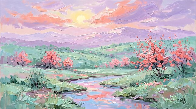 Impressionist Oil Painting of a Serene Spring River Flowing Through Blossoming Valleys