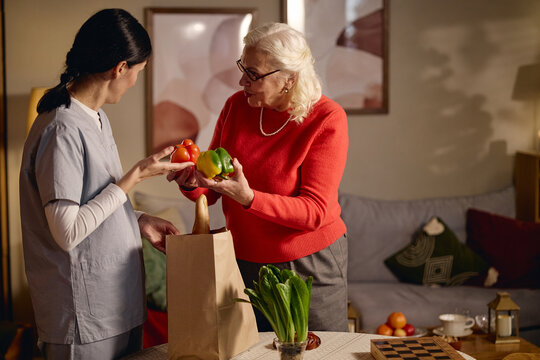 Senior Caucasian woman receiving fresh groceries from female caregiver at home during holidays. Image suitable for eldercare services and social support campaigns