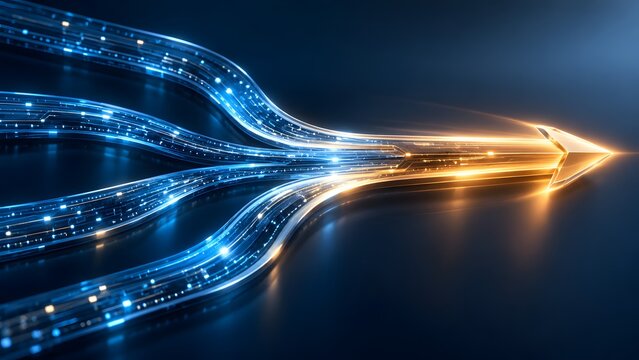 Multiple glowing blue fiber optic cables converging into a single golden arrow representing high speed data transmission and technological advancement