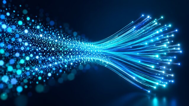 Burst of glowing blue fiber optic strands with sparkling light particles symbolizing fast internet connection and futuristic telecommunication technology