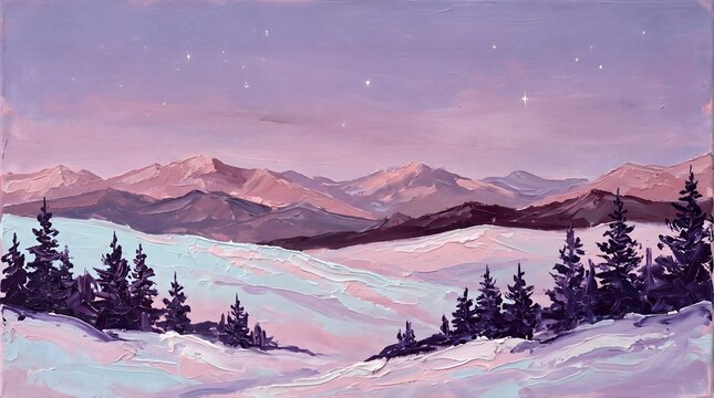 Serene Winter Mountain Landscape Painting at Twilight with Snowy Pine Forest