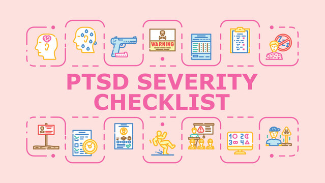 Ptsd severity checklist banner infographic. Flashbacks arousal, anxiety triggers, trauma symptoms icon vector illustration
