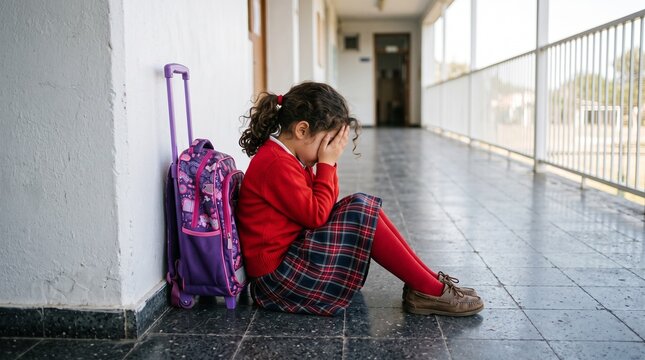 Upset elementary school girl sitting alone on cold hallway floor covering her face with hands next to purple rolling backpack during recess period inside educational institution building