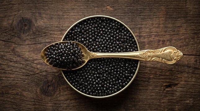 Premium black caviar resting inside a shiny round metal tin with an ornate golden spoon resting across it top down perspective macro studio photography against a dark rustic wooden background