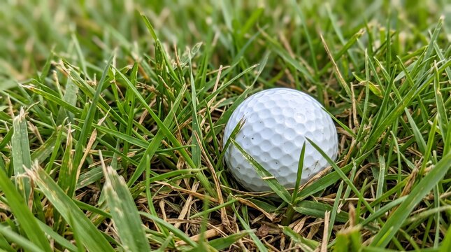 Small white textured golf ball resting peacefully amidst tangled green blades of grass on a vibrant outdoor course during daylight hours featuring natural soft focus lighting