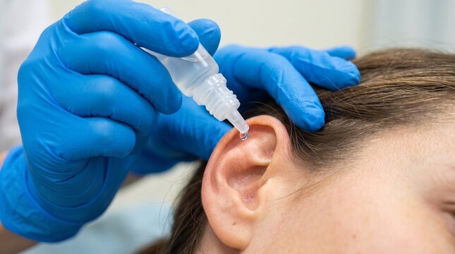 Professional doctor in blue medical gloves applying liquid ear drops into patient human ear during clinical examination procedure within bright hospital treatment room setting