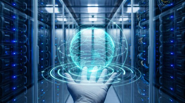 Hand interacting with a global data globe in a server room.
