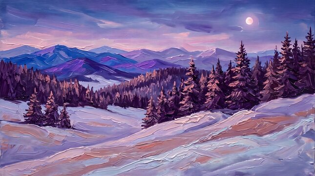 Breathtaking Oil Painting of a Serene Winter Mountain Landscape at Twilight