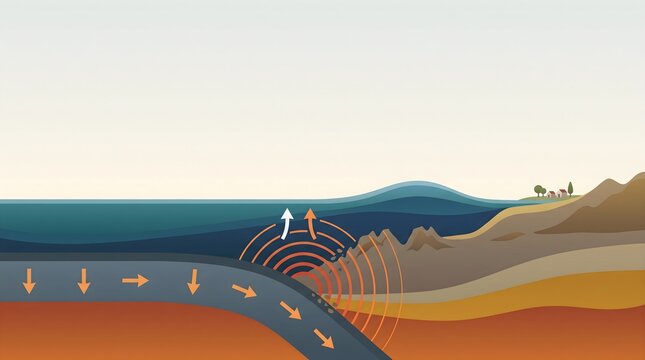 Tectonic plates collision and underwater earthquake causing tsunami