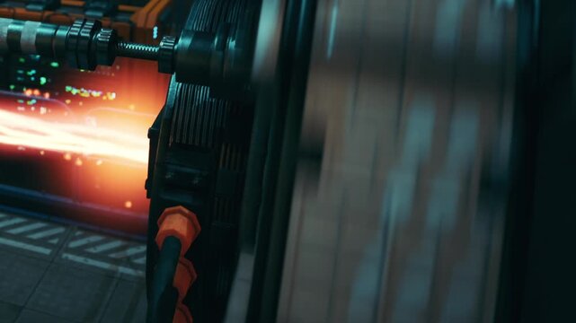 A spinning wheel drives a complex system, surrounded by glowing screens and futuristic designs. The vibrant colors and fluid motion depict a world of advanced machinery in a tech rich setting.