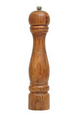 Classic wooden pepper mill with a metal grinder knob stands upright on a clean white background © no one