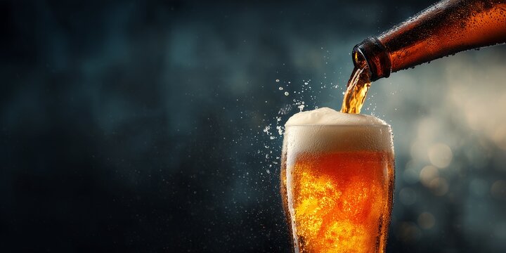 Cold golden lager beer pouring from a brown glass bottle into a frosty transparent glass creating thick white foam and splashing droplets against a dark studio background, copyspace, close up