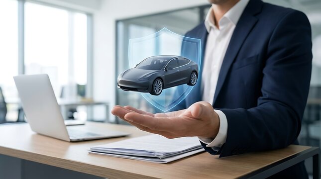 Businessman holding a futuristic car hologram with a protective digital shield representing automotive insurance and vehicle safety technology