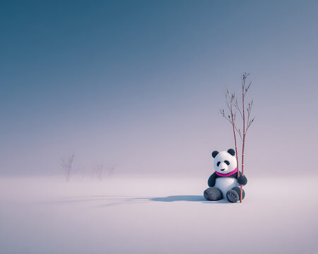 Surreal winter wildlife storytelling cute panda sitting in snowy landscape holding bamboo for emotional animal branding concept