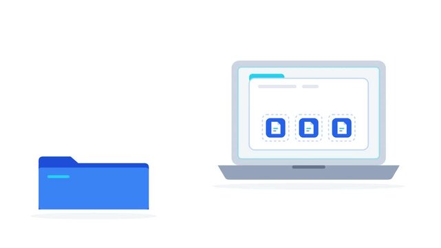 Flat animation sequence showing digital document organization using laptops and blue folders on a white background. Perfect for corporate software and administrative tutorials.