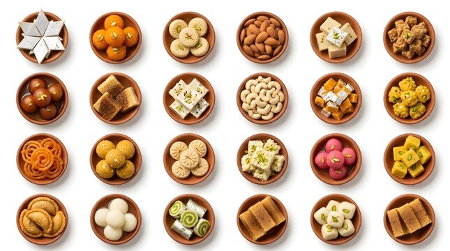 Indian Traditional Sweets and Dry Fruits Collection in Terracotta Bowls on White Background