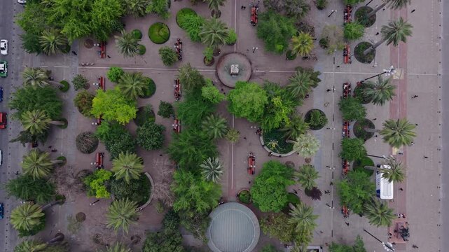Top down view of palm trees and gardens around a circular bandstand and a central fountain with benches and walking paths in the main square. Plaza de Armas, Santiago, Chile