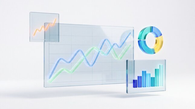 Glowing 3d glass charts and graphs. Financial data analytics.