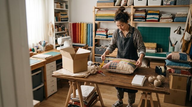 Craftswoman Measuring Quilt on Wooden Table in Well-Lit Workshop