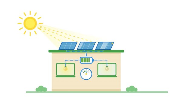 Flat illustration showing solar panels on a house charging a battery during the day to power light bulbs. Ideal for renewable energy explainers.